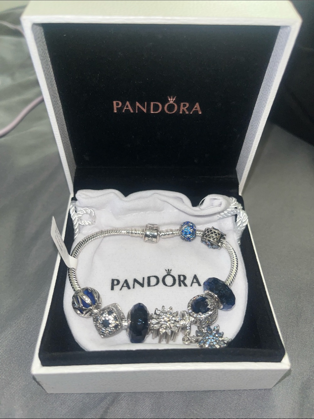 Pandora Silver Bracelet with Navy and Sparkling Blue Charms